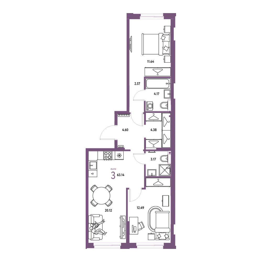 Планировка: Евротрёшка 63,14 м²