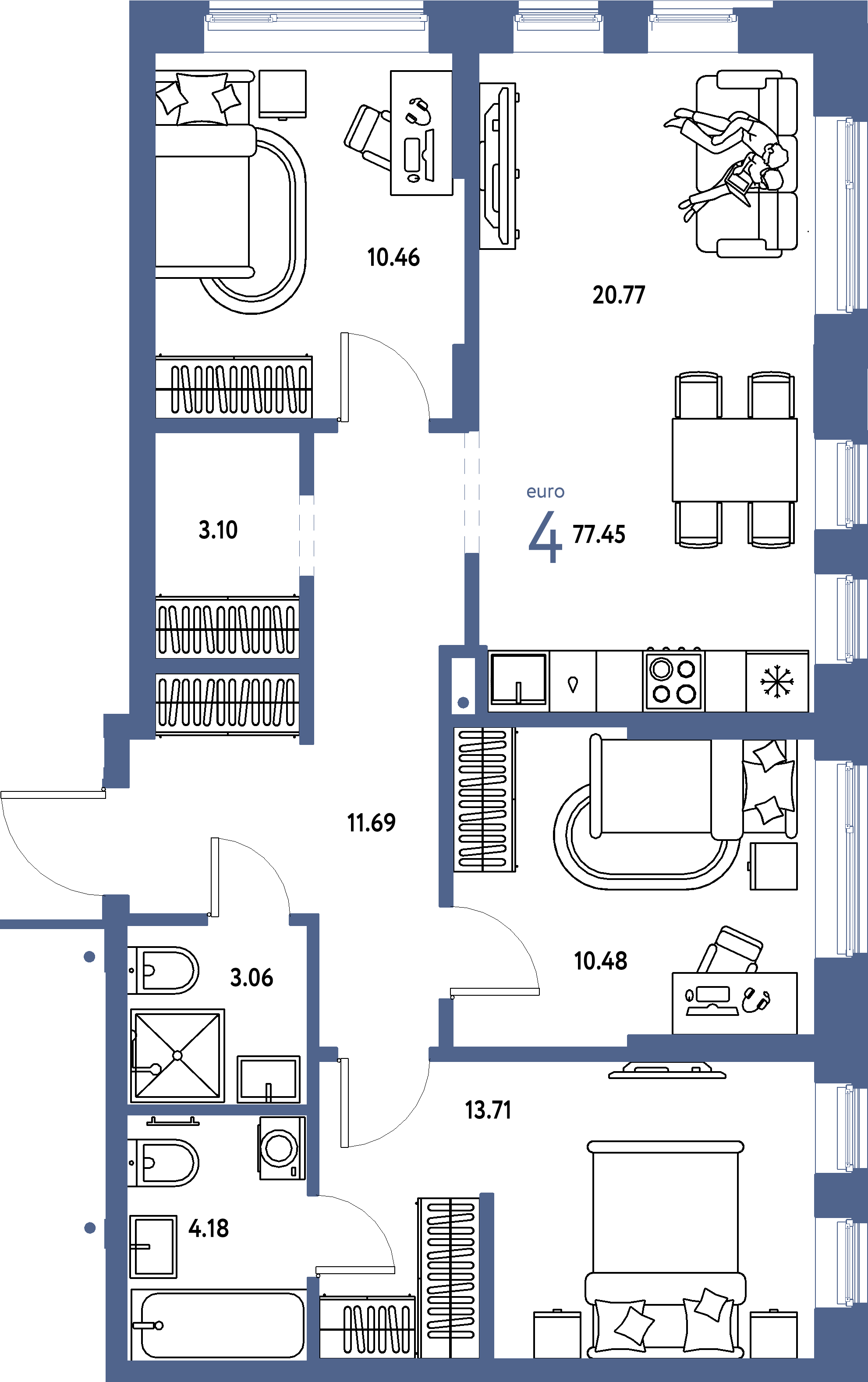 Планировка: Евро-4 77,45 м² в ЖК «Домашний»