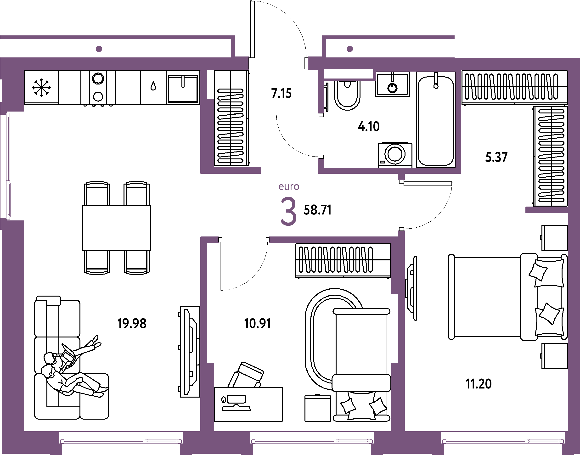 Планировка: Евротрёшка 58,71 м² в ЖК «Авторский»