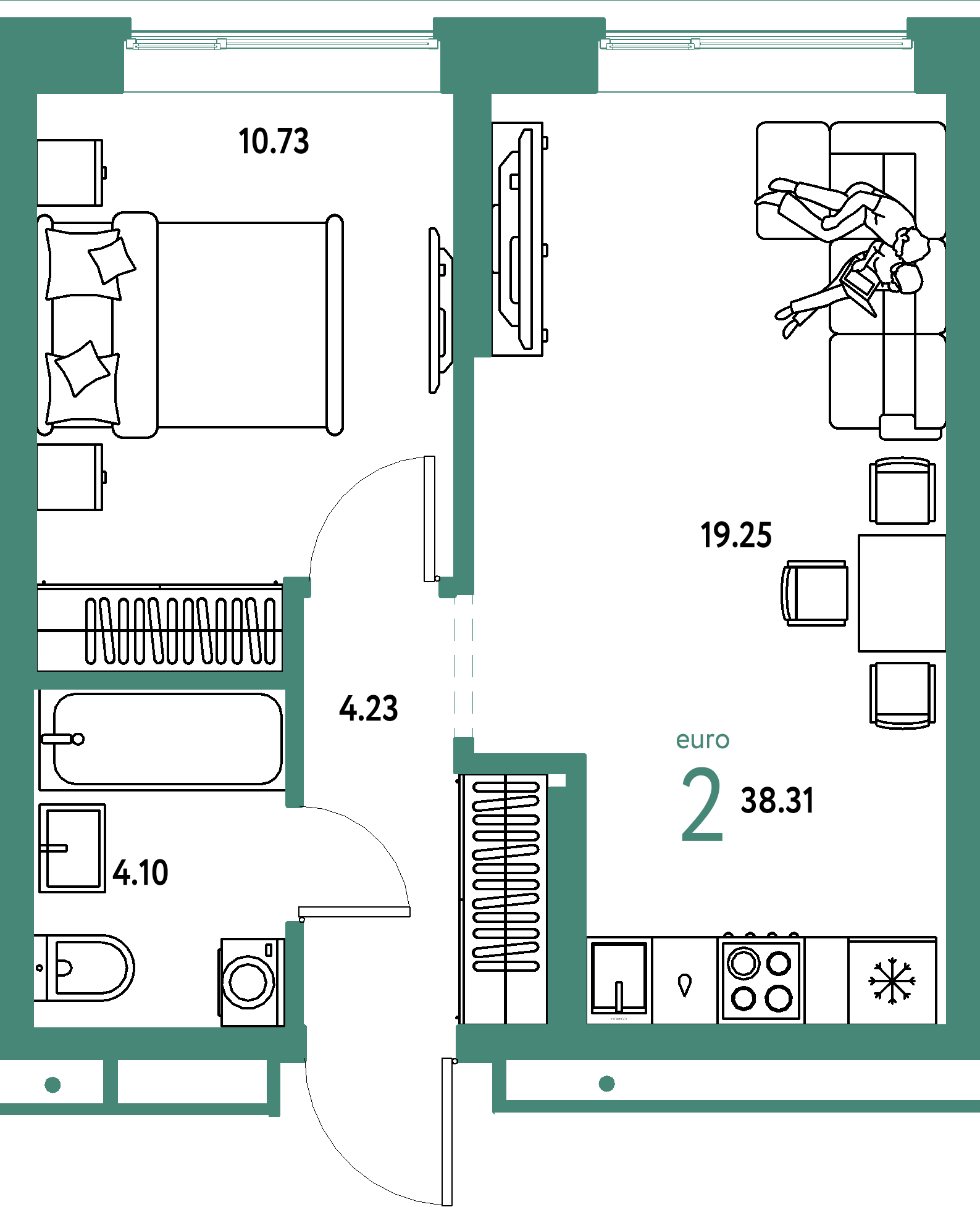 Планировка: Евродвушка 38,31 м² в ЖК «Домашний»