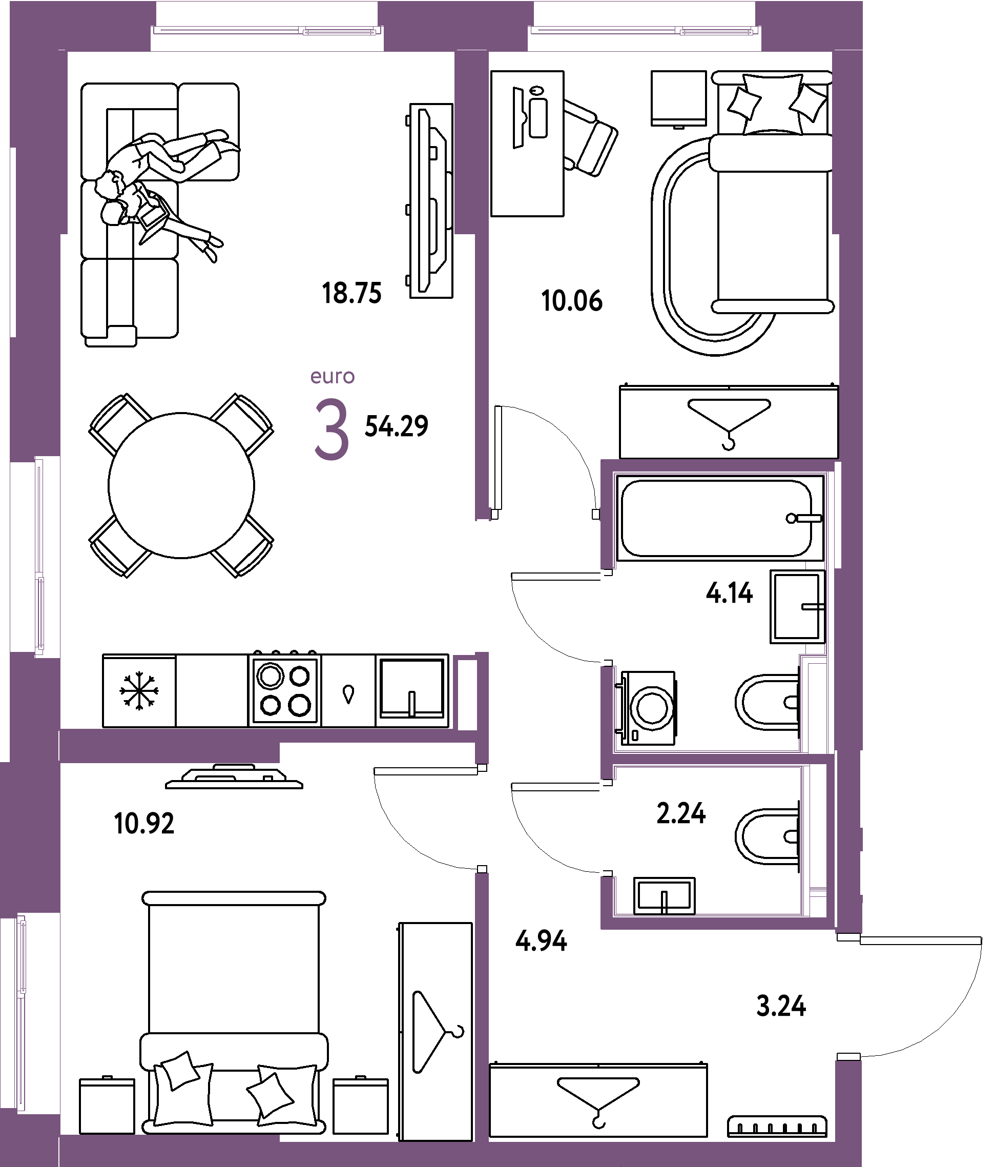 Планировка: Евротрёшка 54,31 м² в ЖК «Европейский берег 2.0»