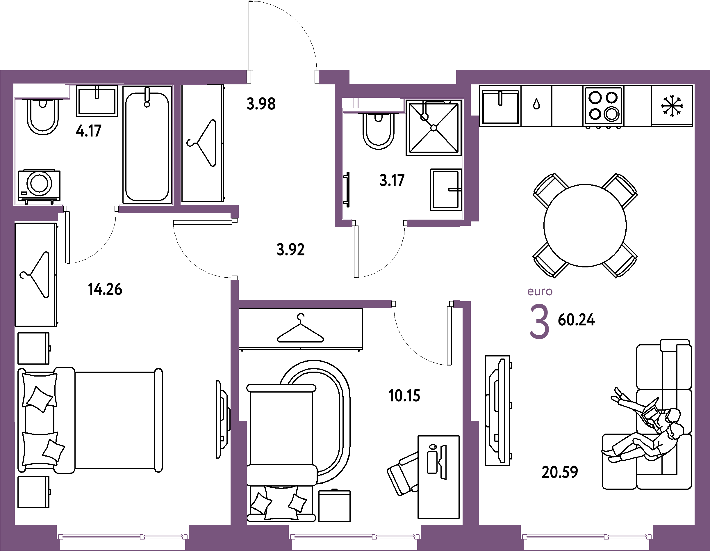 Планировка: Евротрёшка 60,24 м² в ЖК «Европейский берег 2.0»