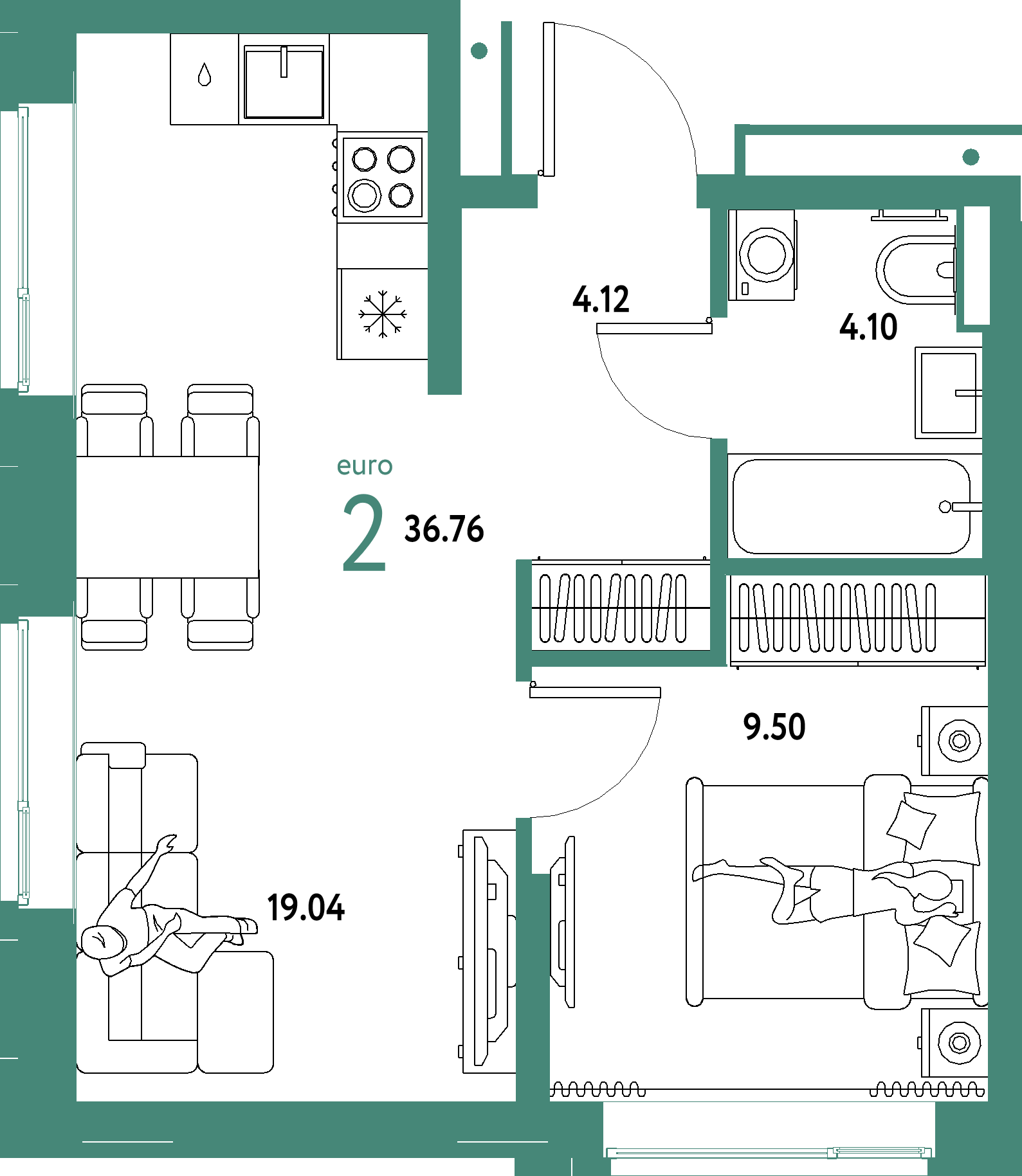 Планировка: Евродвушка 36,76 м² в ЖК «Домашний»