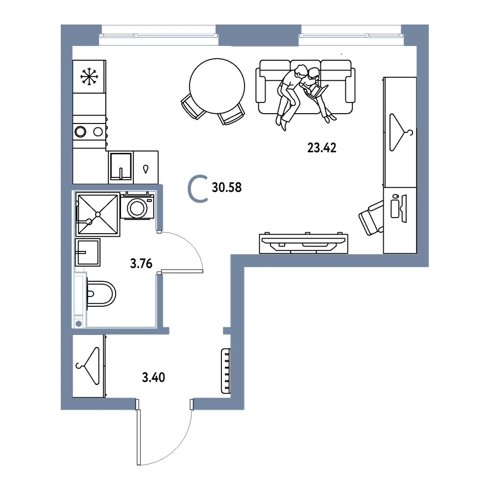 Планировка: Студия 30,58 м²