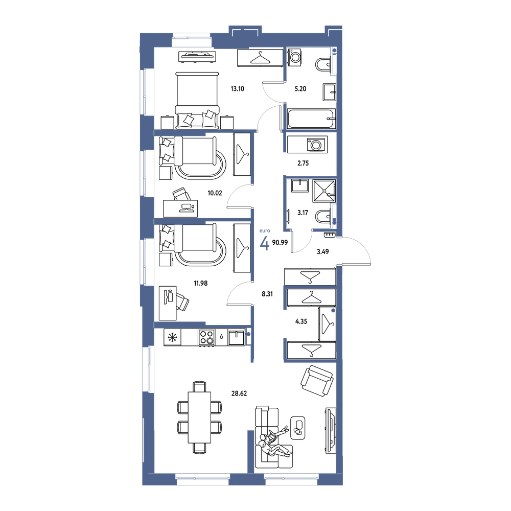 Планировка: Евро-4 90,99 м²