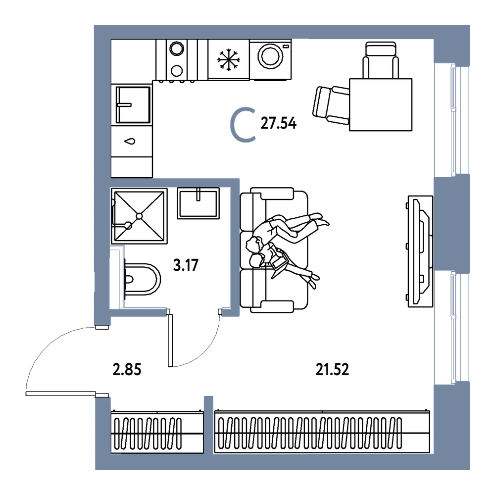 Планировка: Студия 27,54 м²
