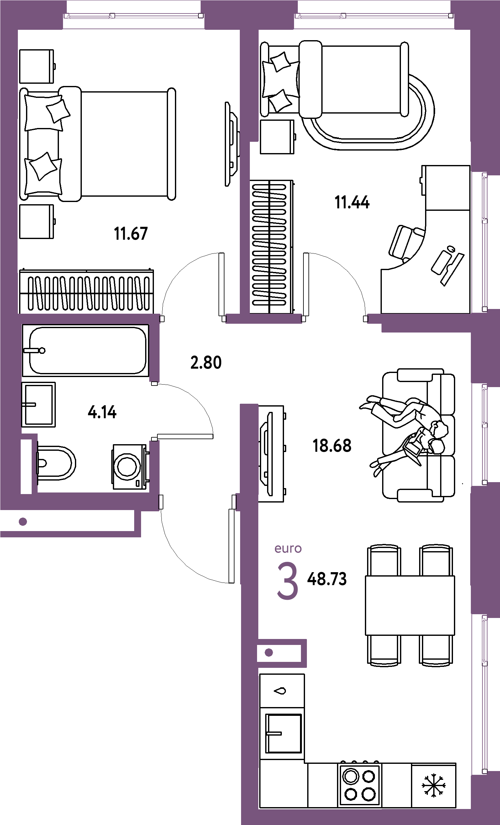 Планировка: Евротрёшка 48,73 м² в ЖК «Страна.Прибрежная»