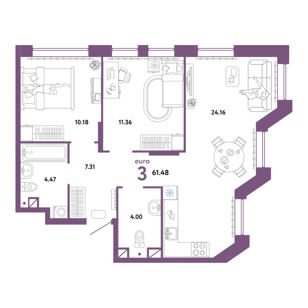 Планировка: Евротрёшка 61,48 м²