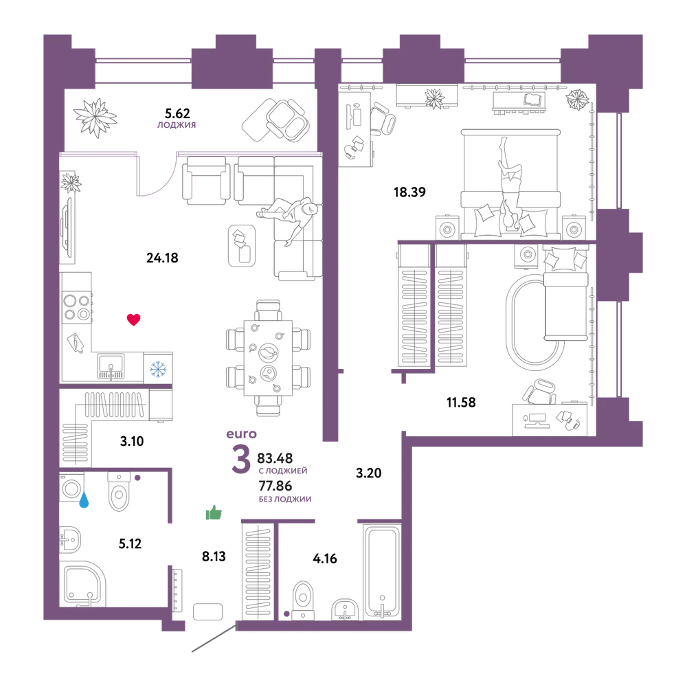Планировка: Евротрёшка 83,17 м²