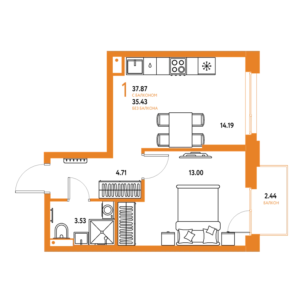 Планировка: 1-комнатная 37,87 м²