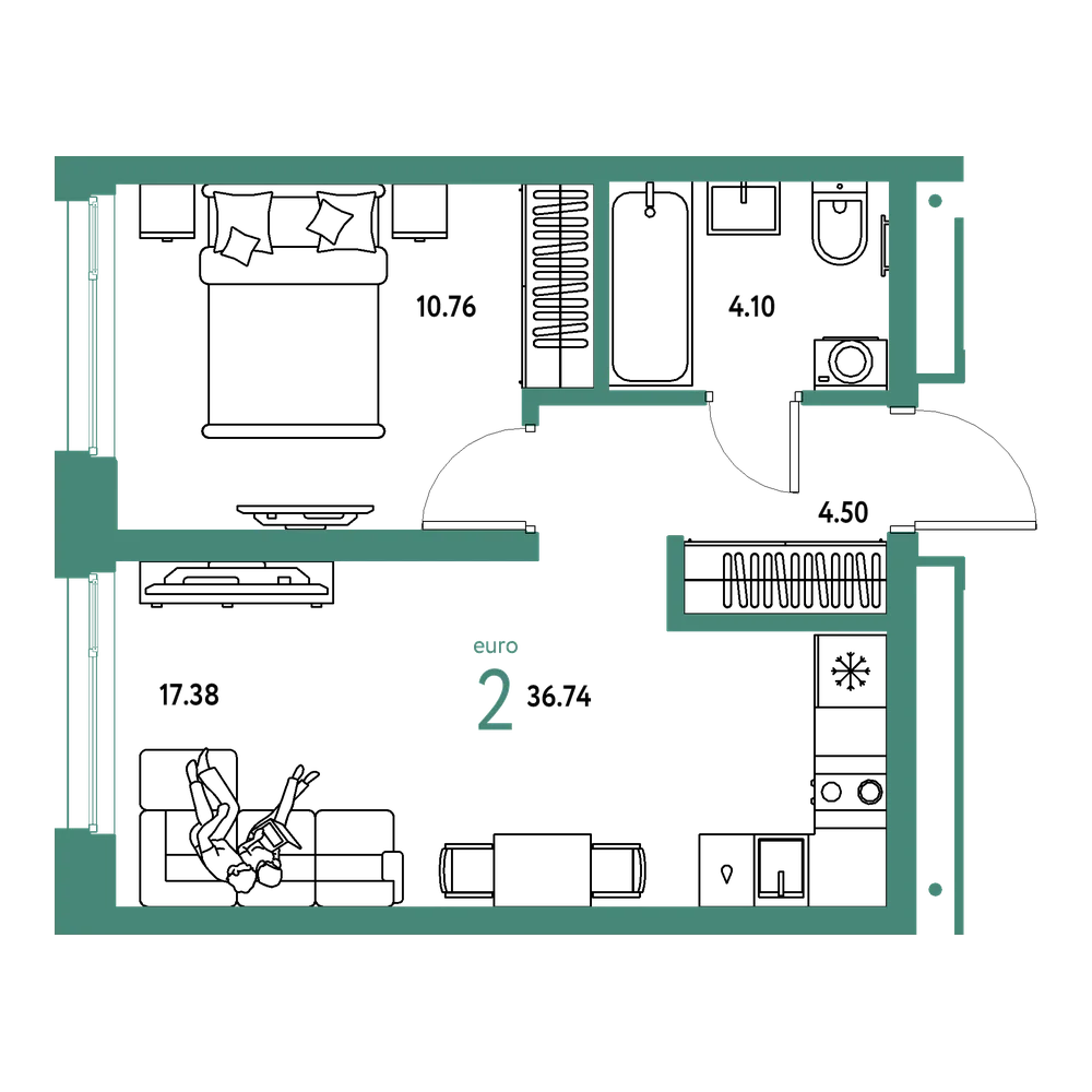 Планировка: Евродвушка 36,74 м²