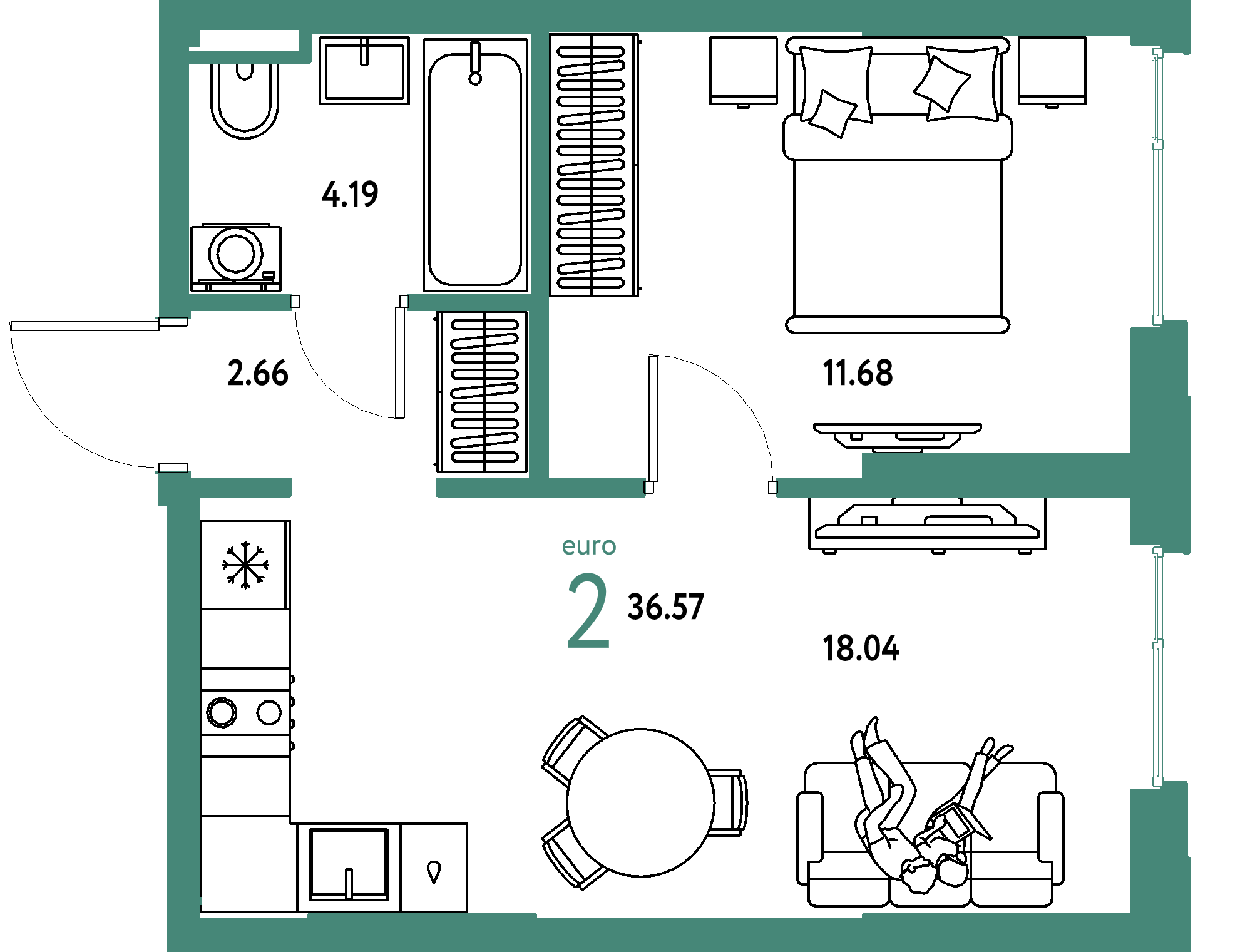Планировка: Евродвушка 36,57 м² в ЖК «Остров-сад»