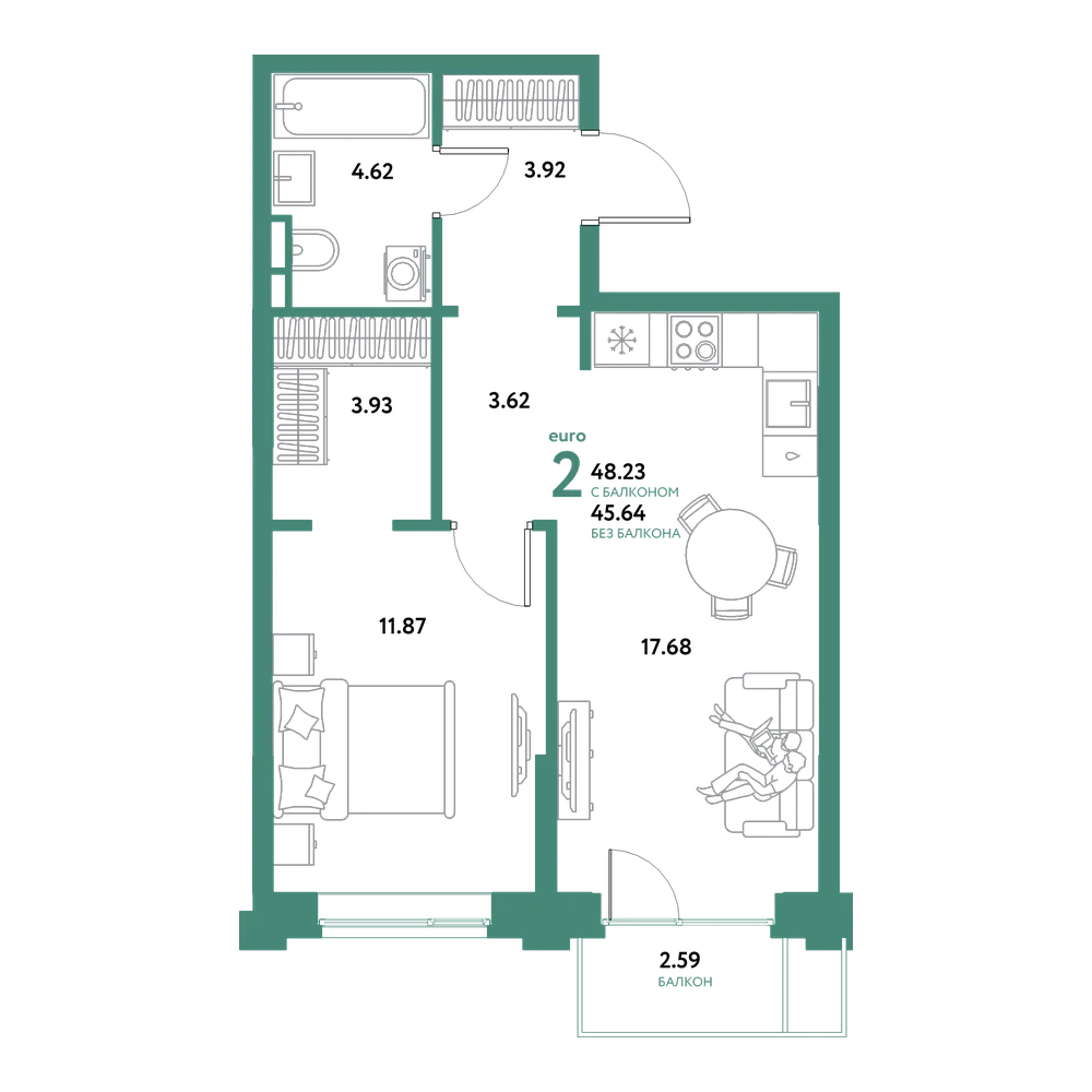 Планировка: Евродвушка 48,23 м²