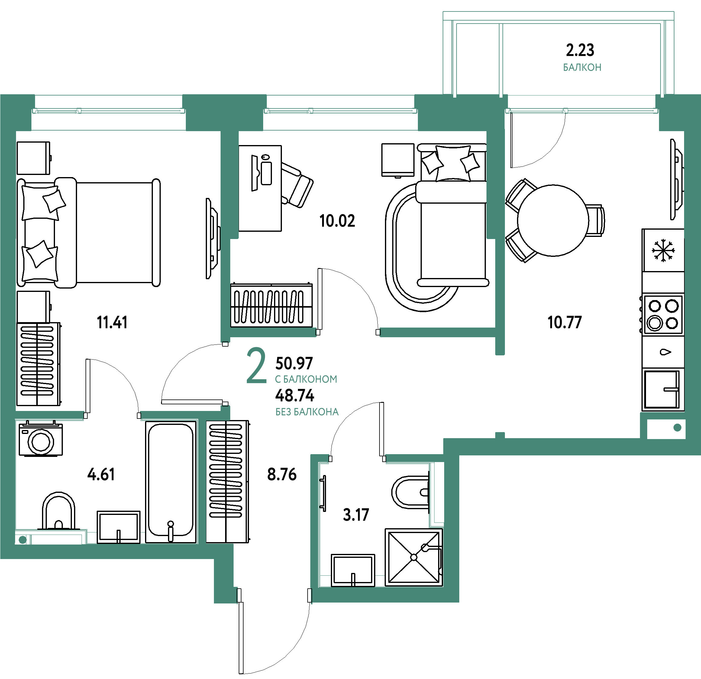 Планировка: 2-комнатная 50,97 м² в ЖК «Остров-сад»