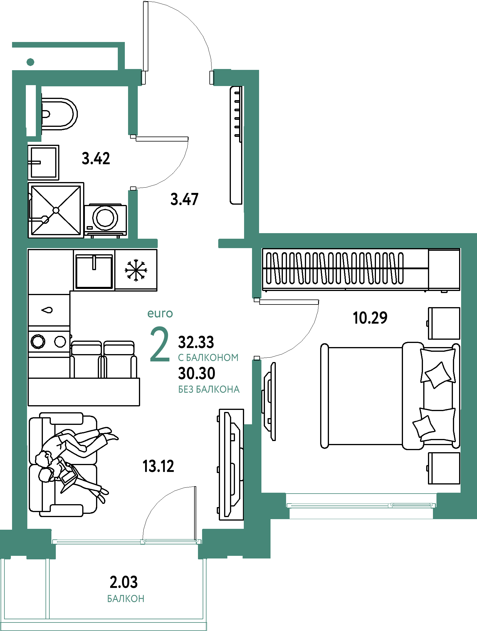 Планировка: Евродвушка 32,33 м² в ЖК «Страна.Прибрежная»