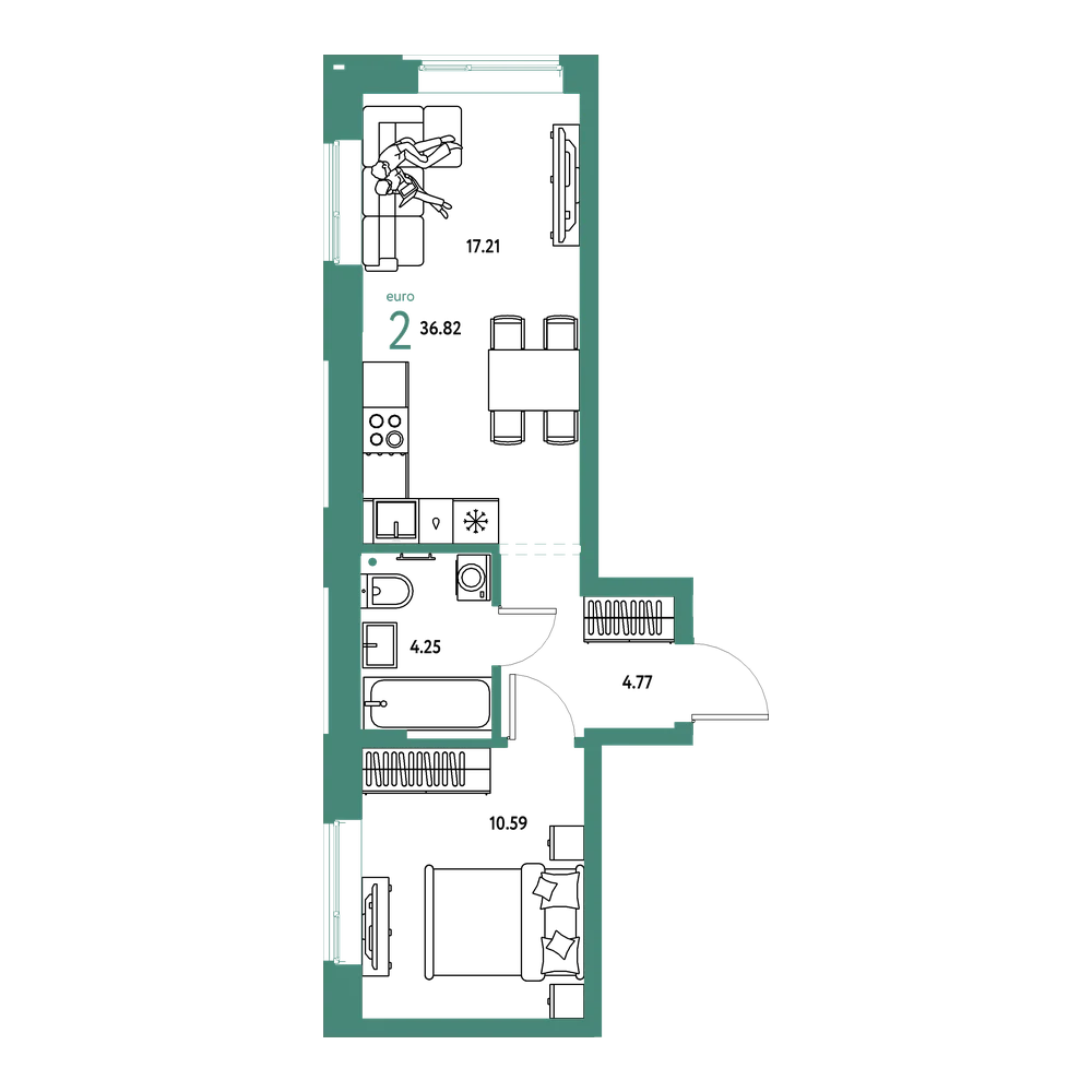 Планировка: Евродвушка 36,82 м²