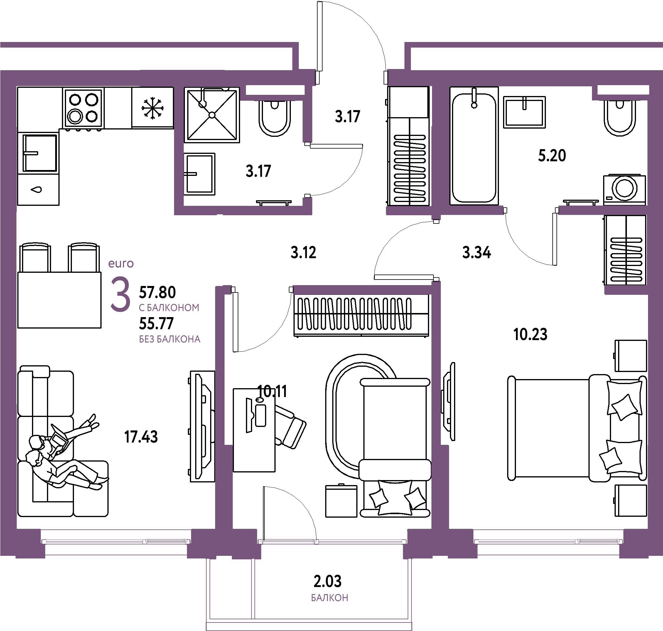 Планировка: Евротрёшка 57,8 м² в ЖК «Страна.Прибрежная»