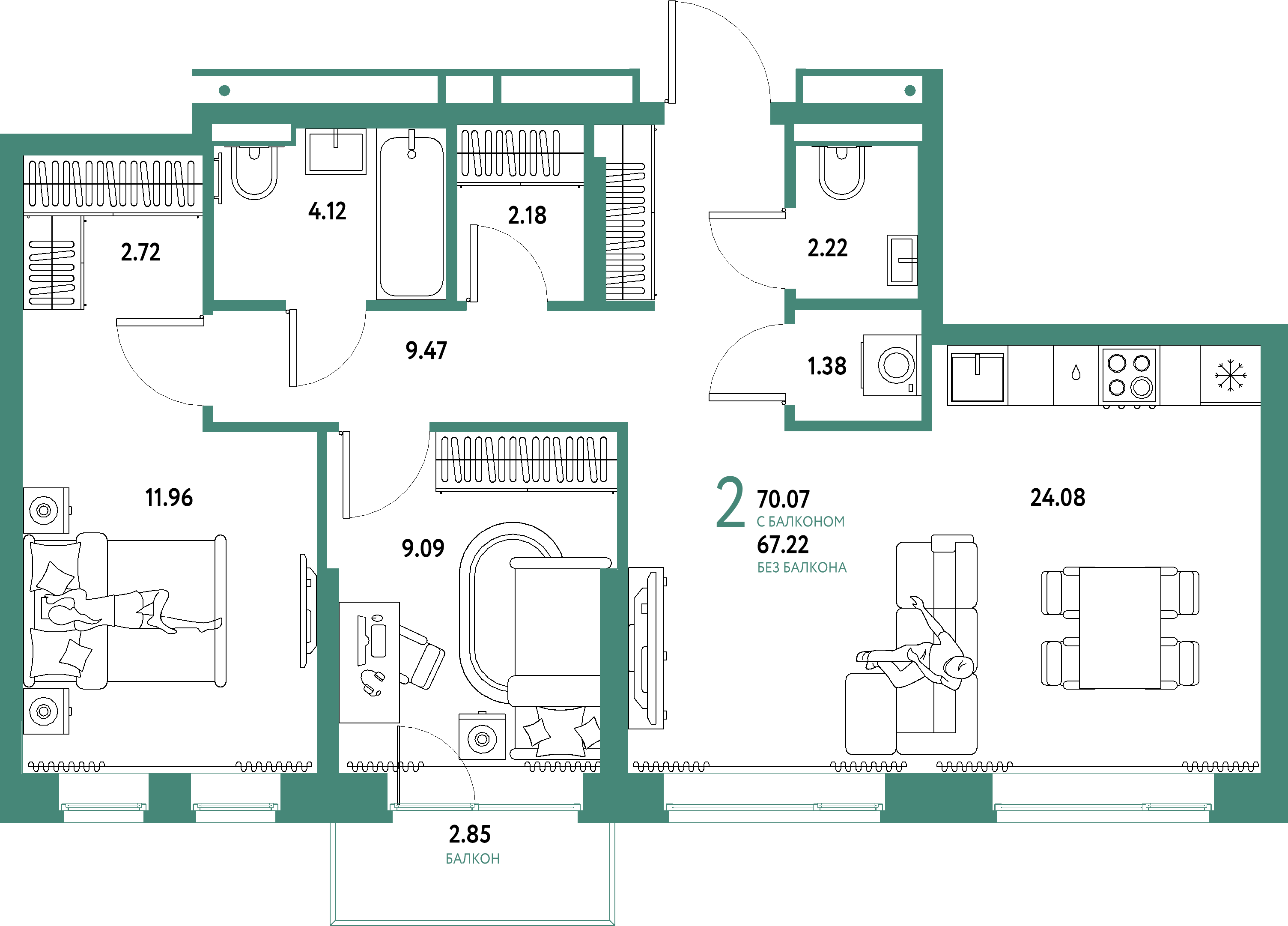 Планировка: Евротрёшка 70,07 м² в ЖК «Домашний»