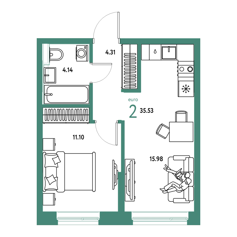 Планировка: Евродвушка 35,53 м²