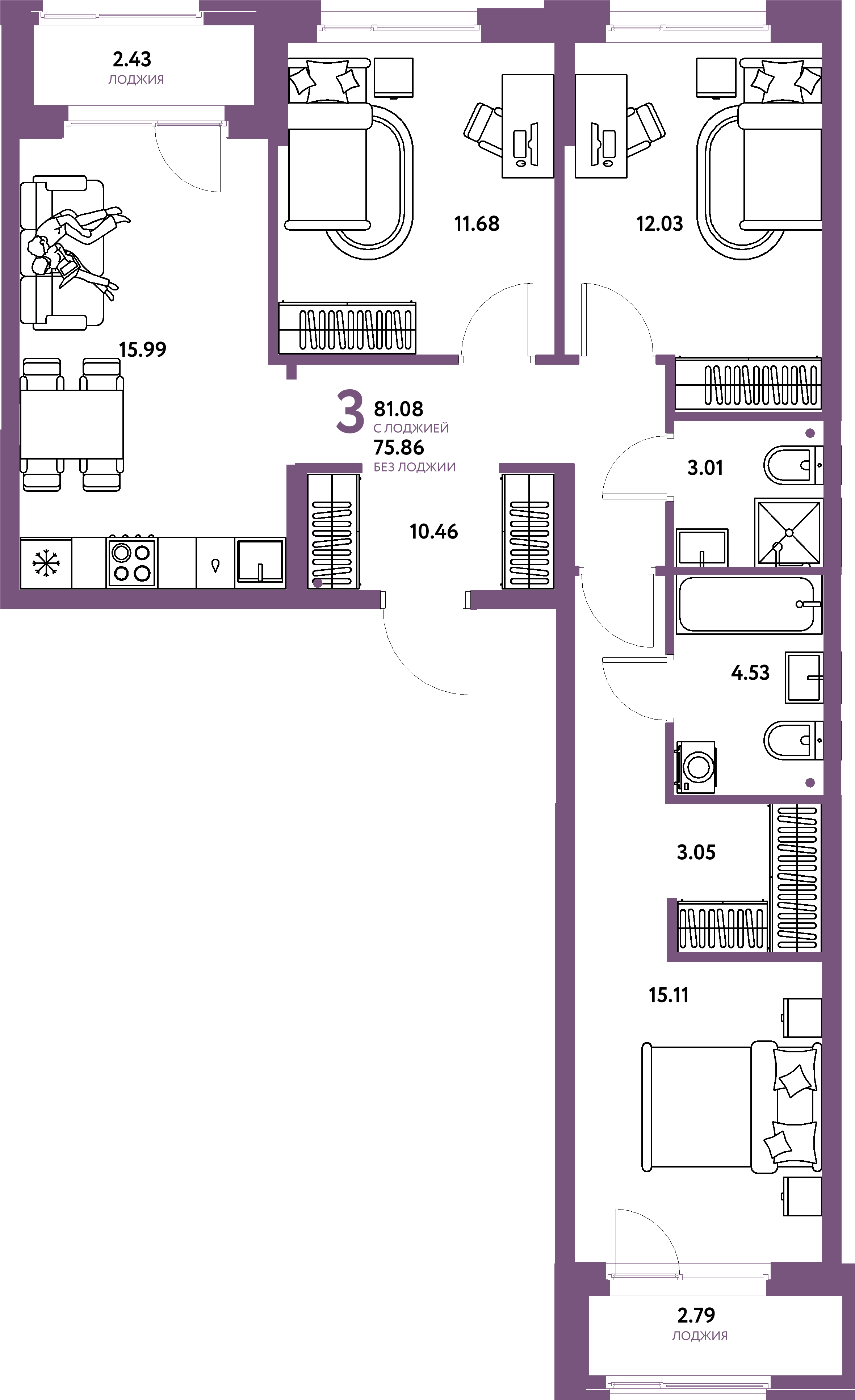 Планировка: 3-комнатная 81,08 м² в ЖК «Европейский берег 2.0»