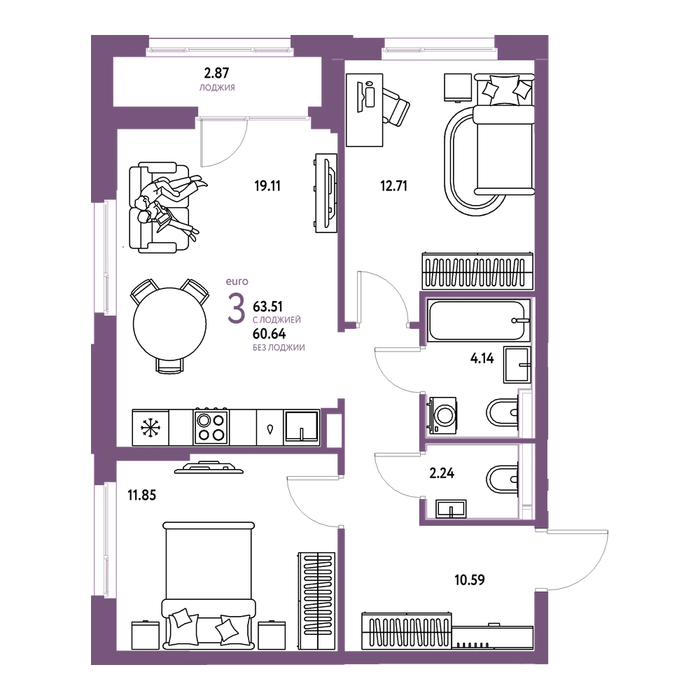 Планировка: Евротрёшка 64,22 м²