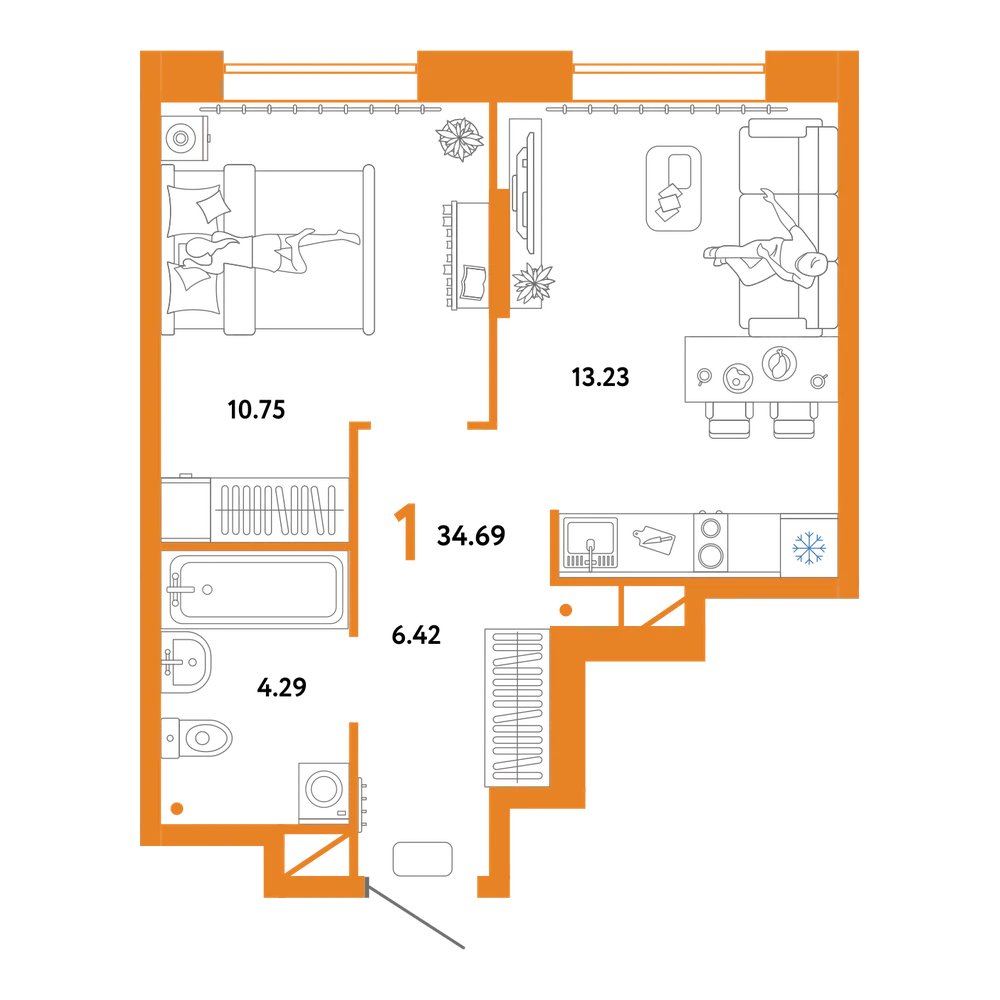 Планировка: 1-комнатная 34,69 м²