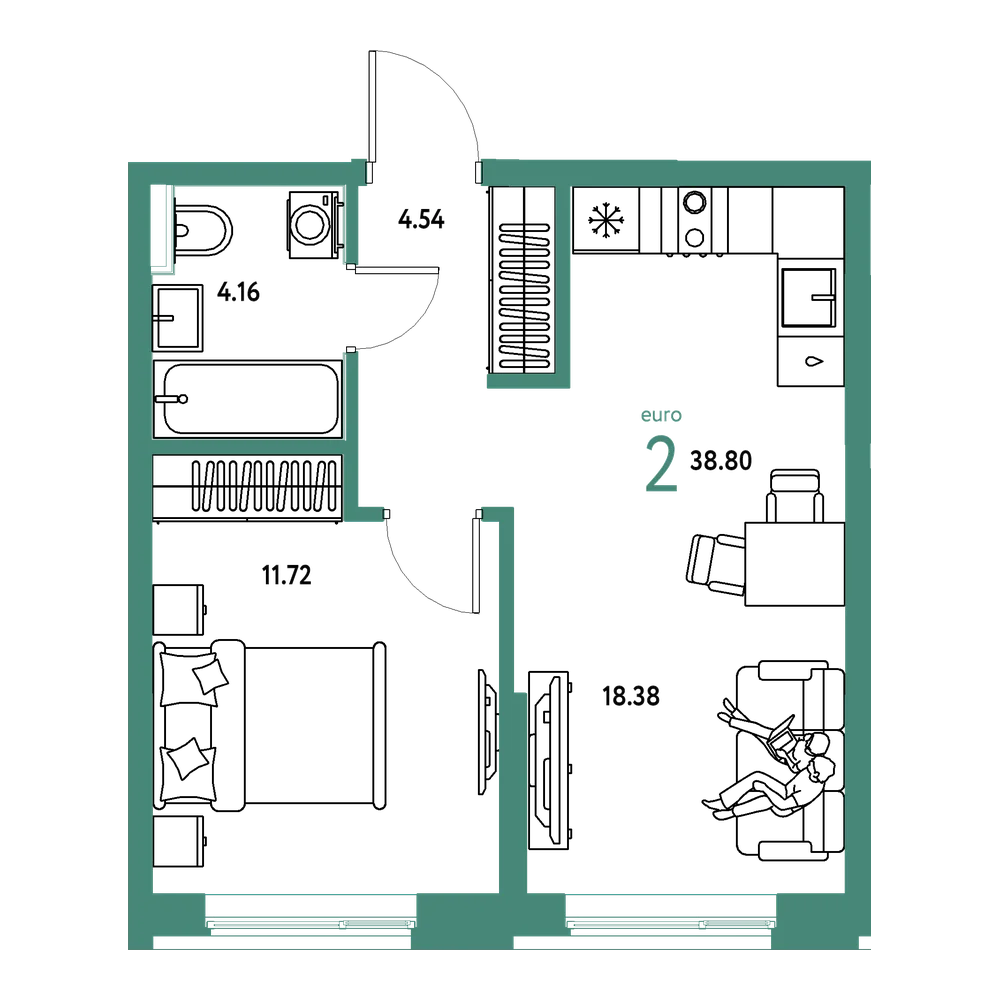 Планировка: Евродвушка 38,8 м²