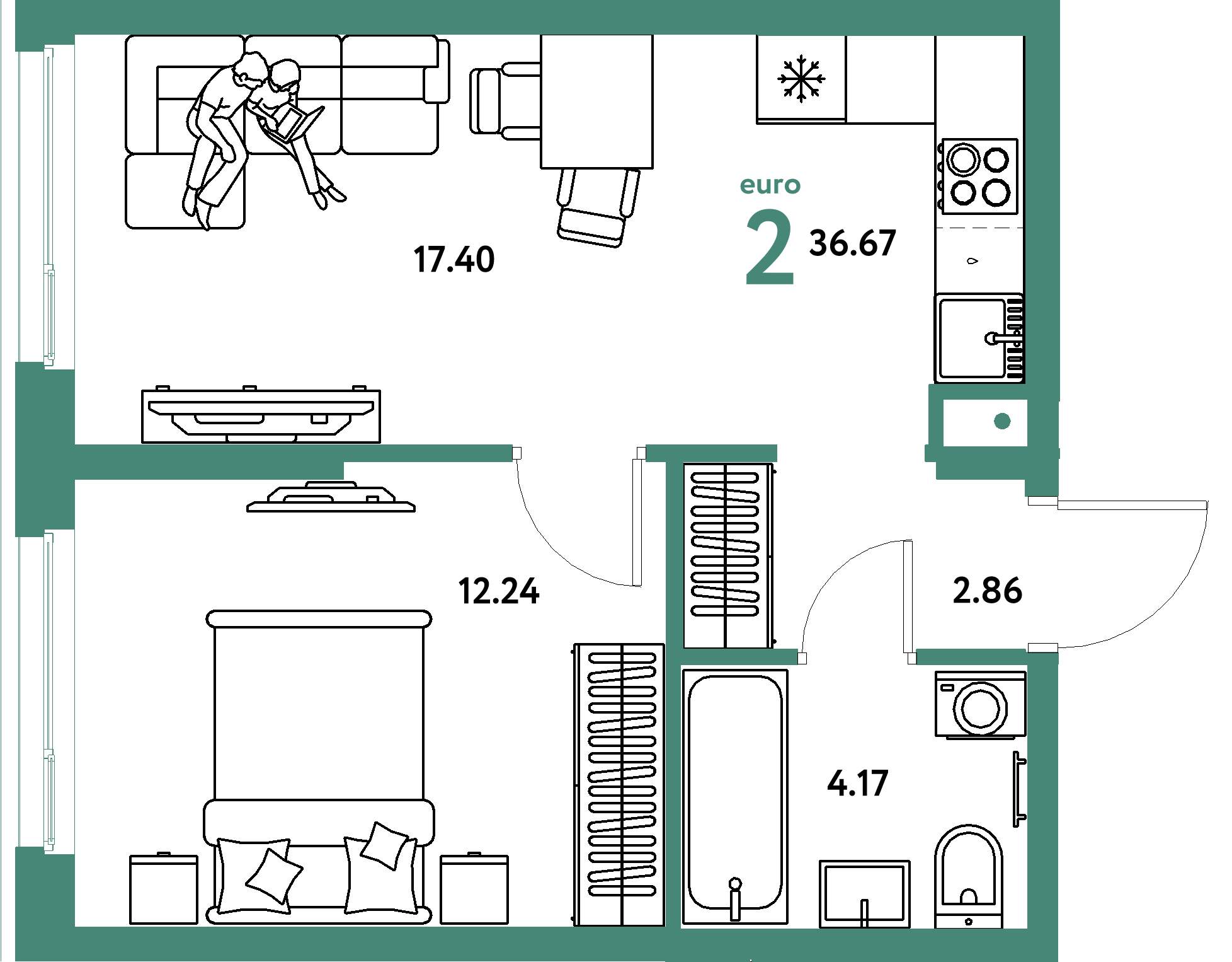 Планировка: Евродвушка 36,67 м² в ЖК «Европейский берег 2.0»