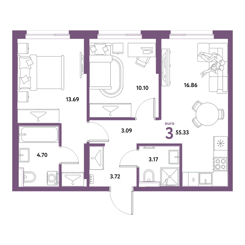 Планировка: Евротрёшка 55,33 м²
