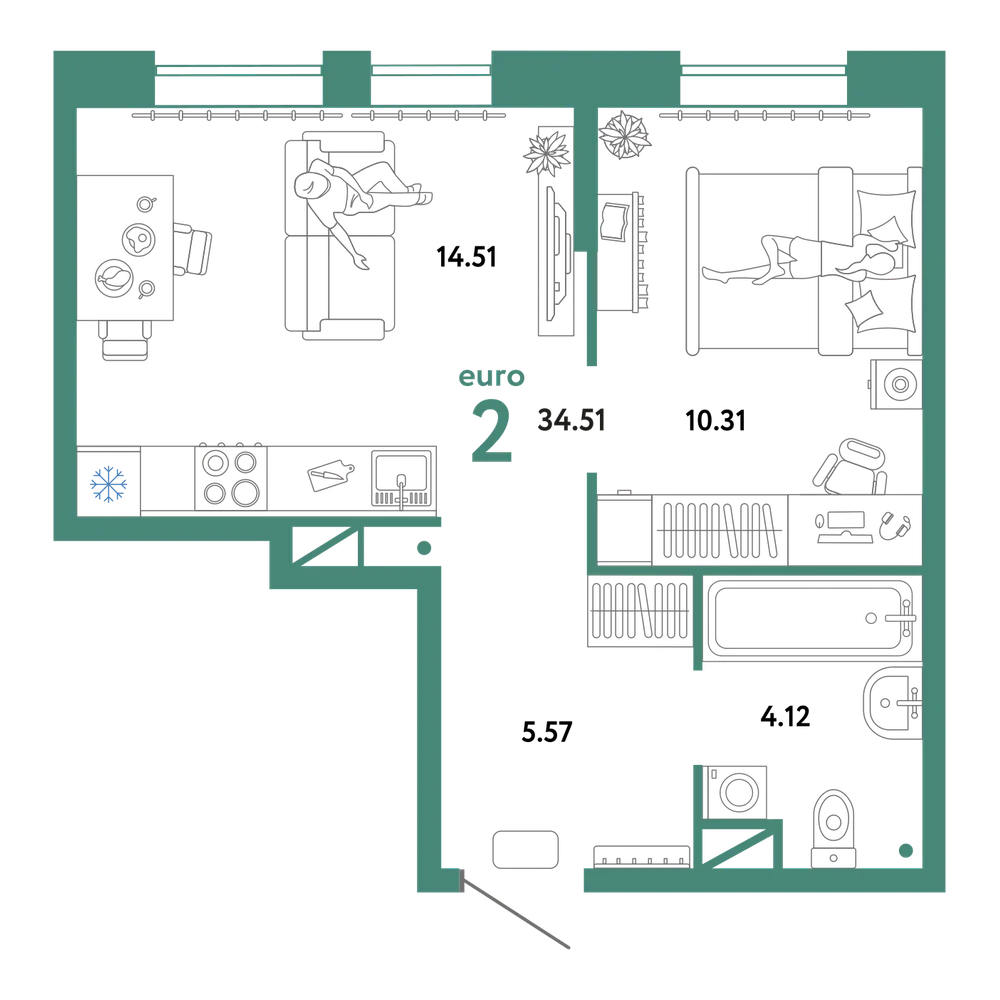 Планировка: Евродвушка 34,51 м²