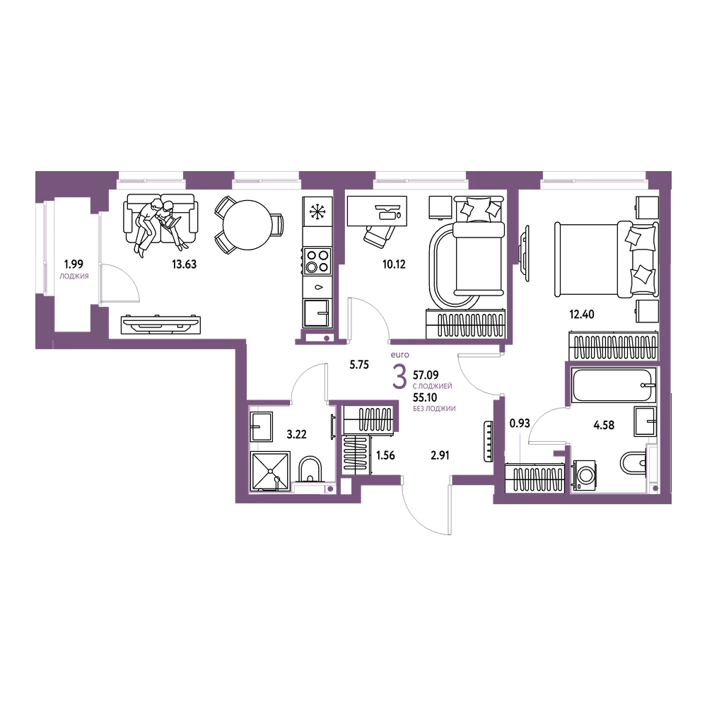 Планировка: Евротрёшка 57,09 м²