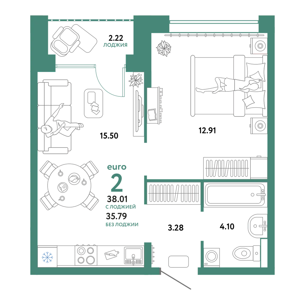 Планировка: Евродвушка 38,01 м²