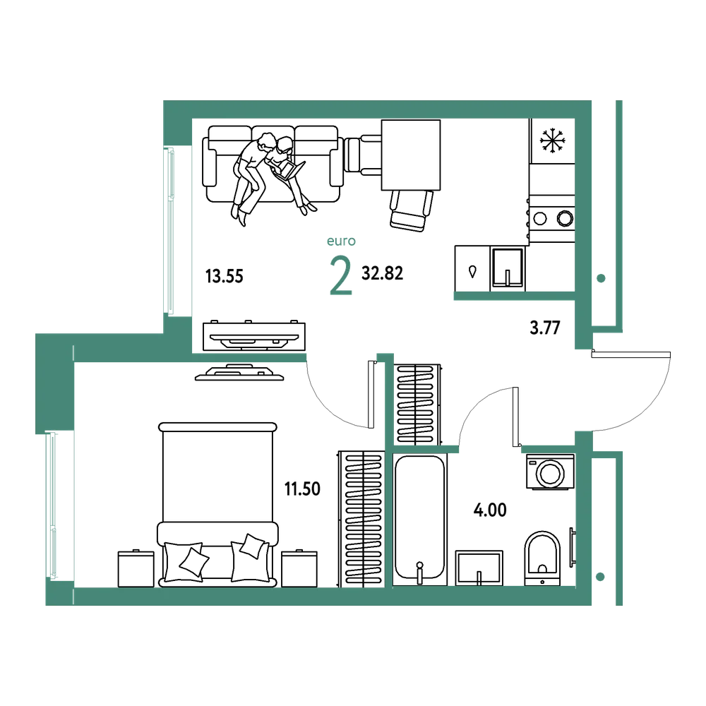 Планировка: Евродвушка 32,82 м²