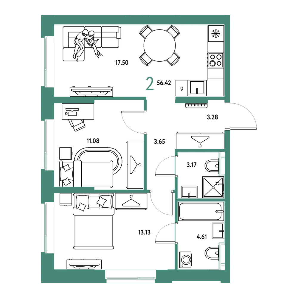 Планировка: 2-комнатная 56,42 м²