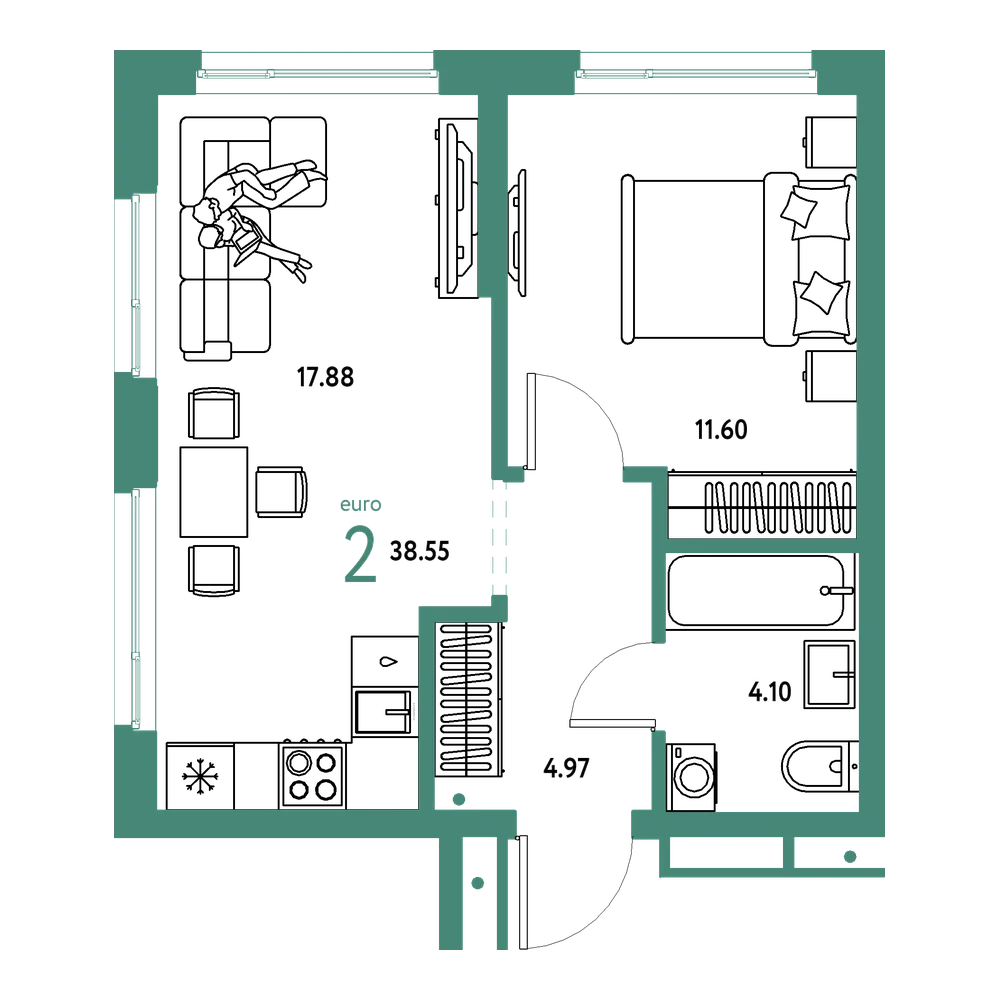 Планировка: Евродвушка 38,55 м²