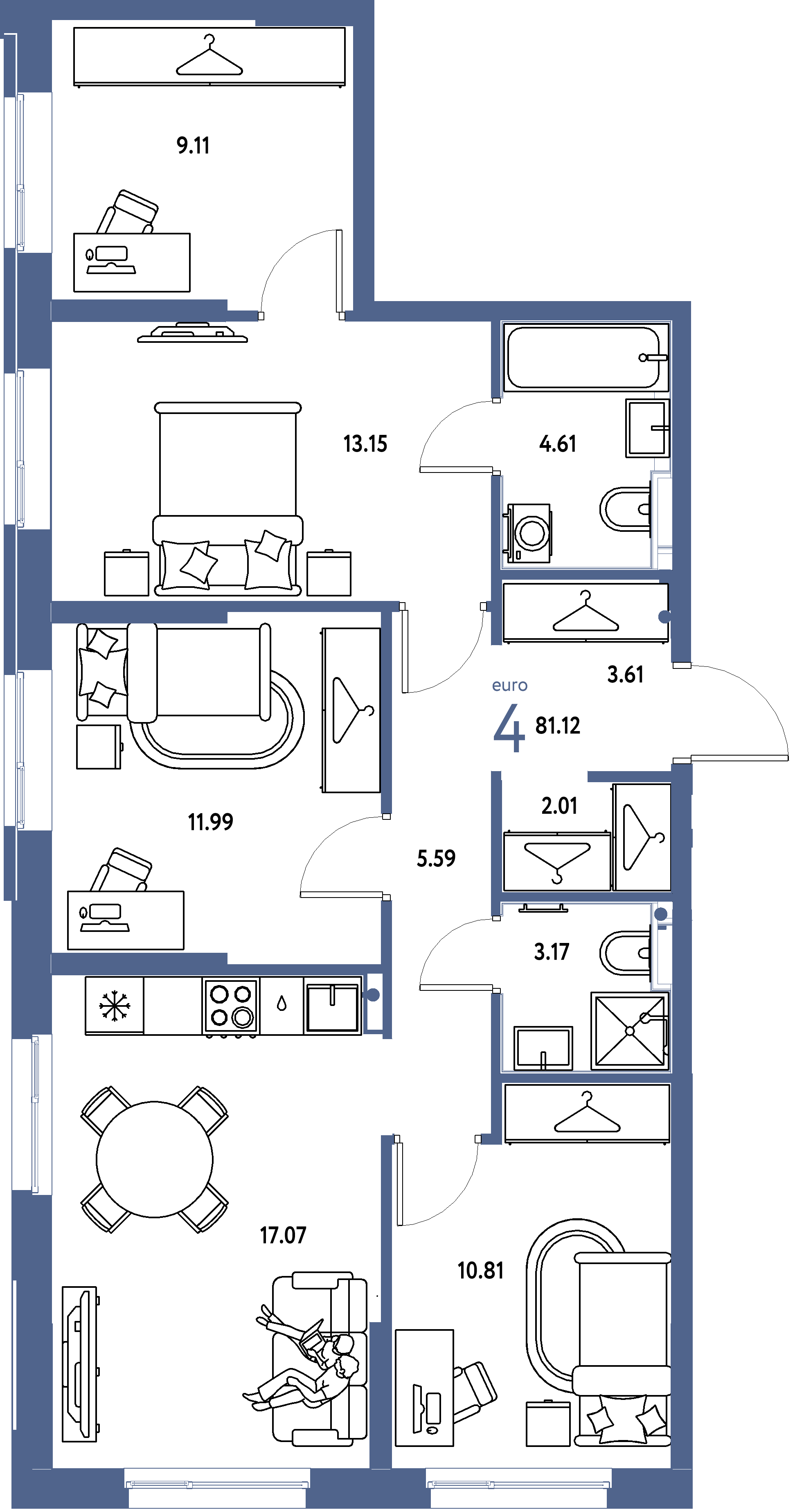 Планировка: Евро-4 81,12 м² в ЖК «Европейский берег 2.0»