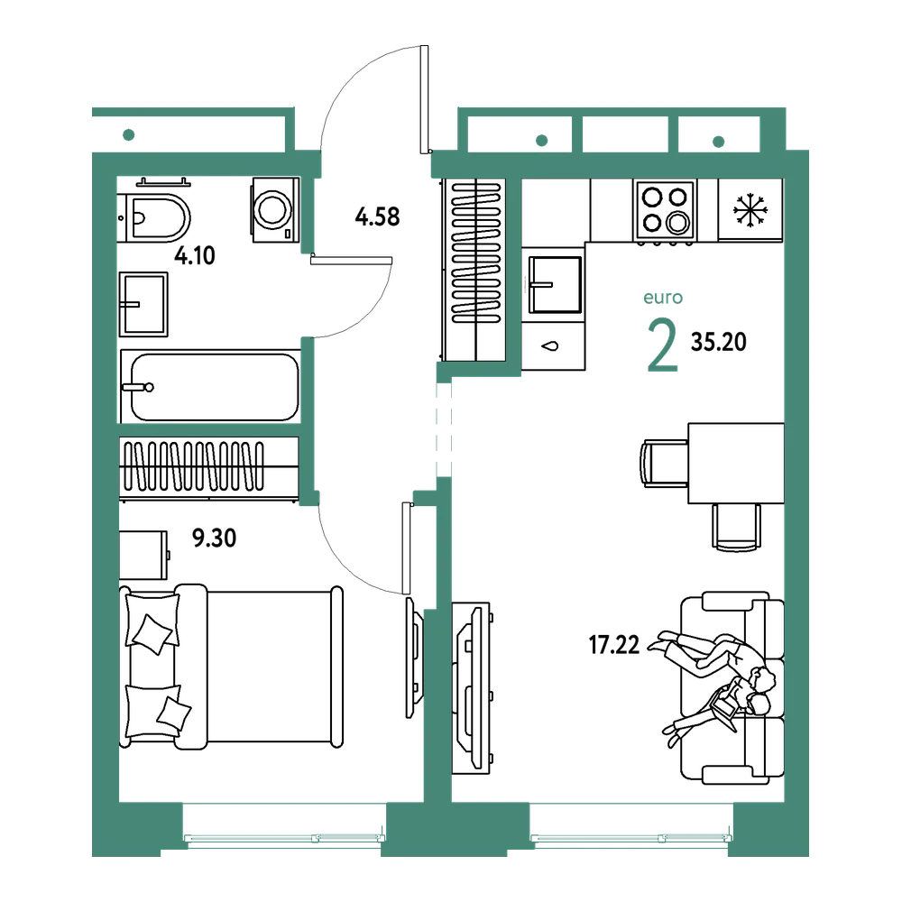 Планировка: Евродвушка 35,2 м²
