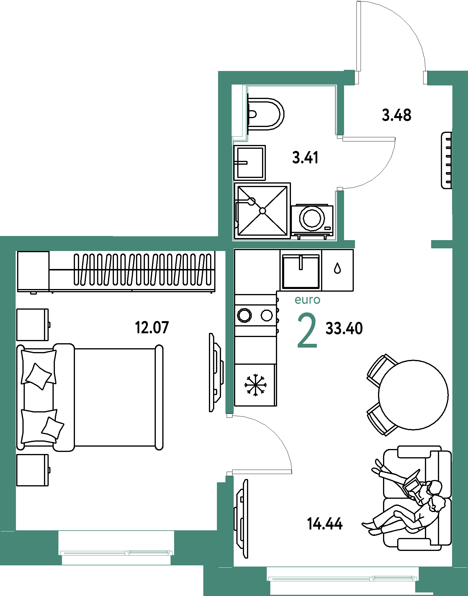 Планировка: Евродвушка 33,4 м² в ЖК «Домашний»