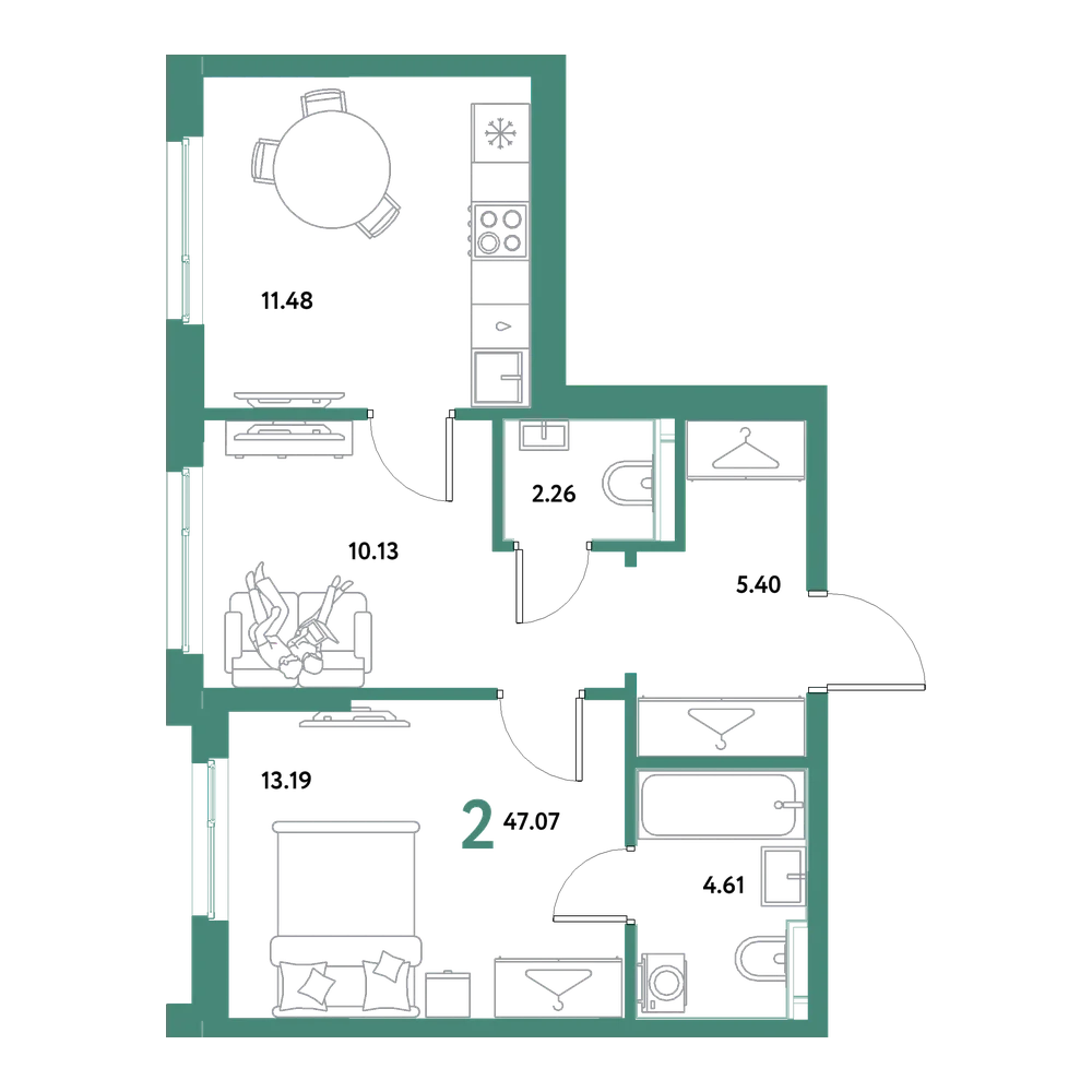 Планировка: 2-комнатная 47,07 м²