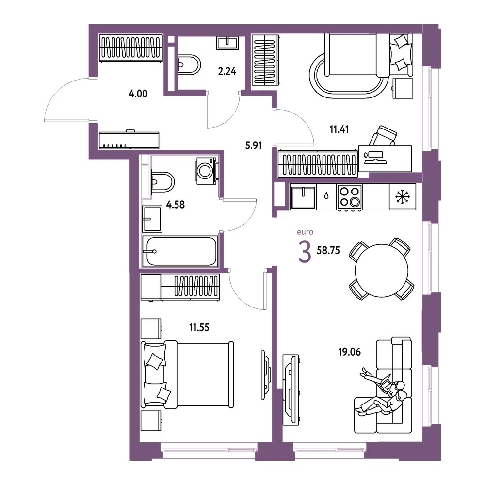 Планировка: Евротрёшка 58,75 м²