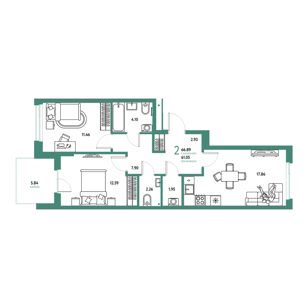 Планировка: 2-комнатная 66,89 м²