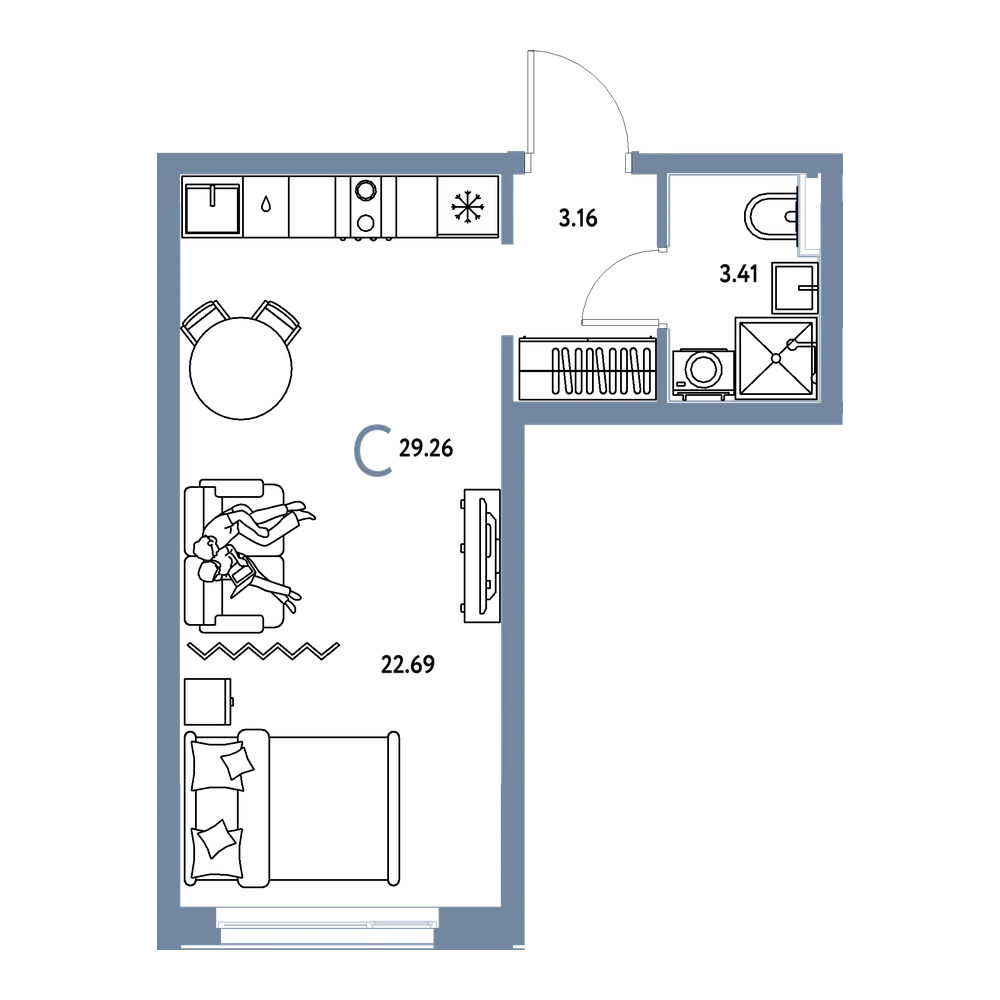 Планировка: Студия 29,26 м²