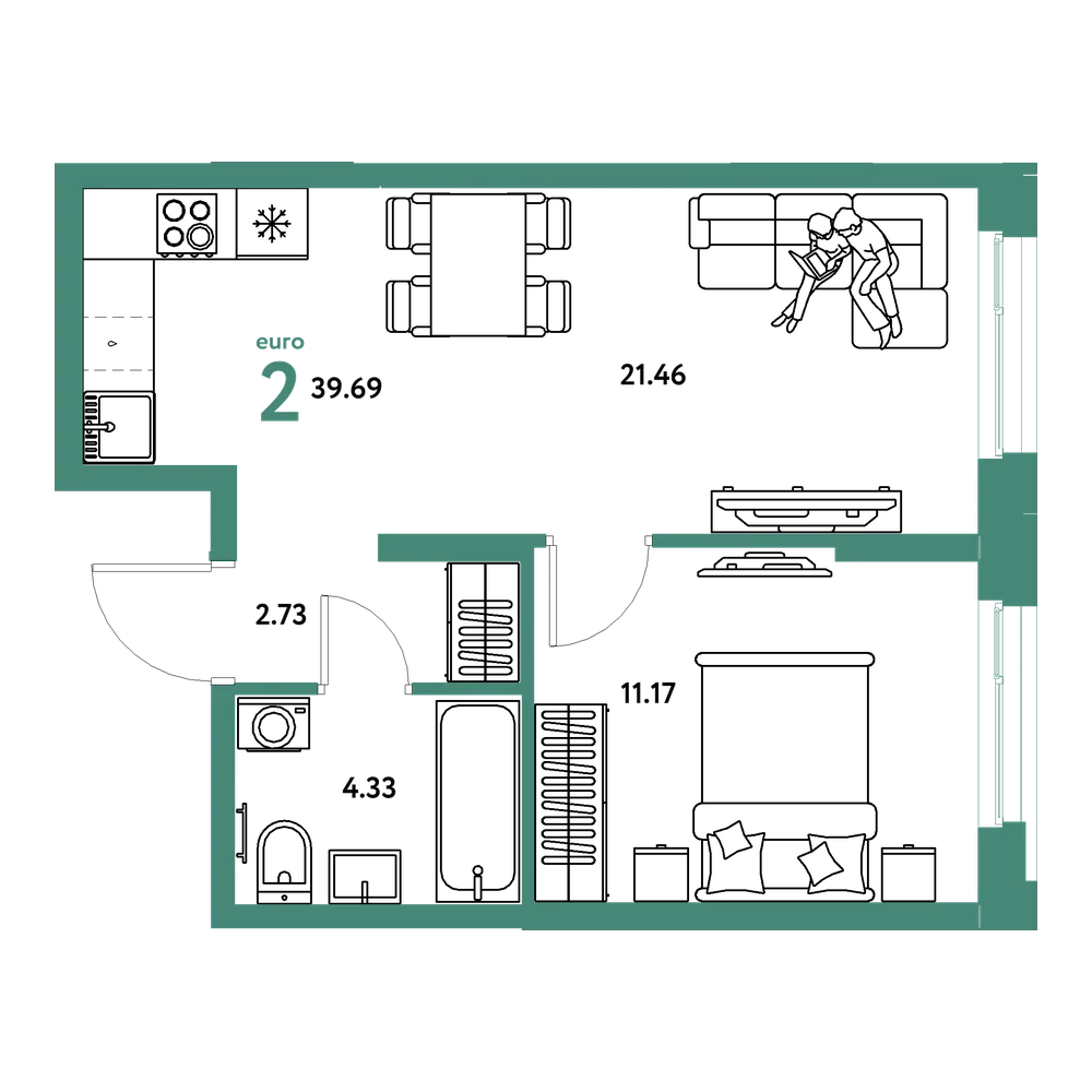 Планировка: Евродвушка 39,69 м²