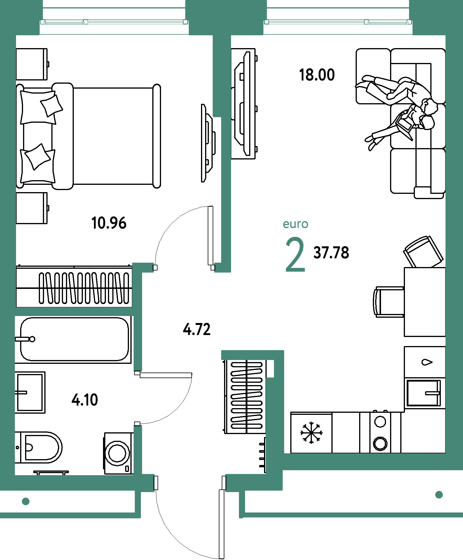 Планировка: Евродвушка 37,78 м² в ЖК «Домашний»
