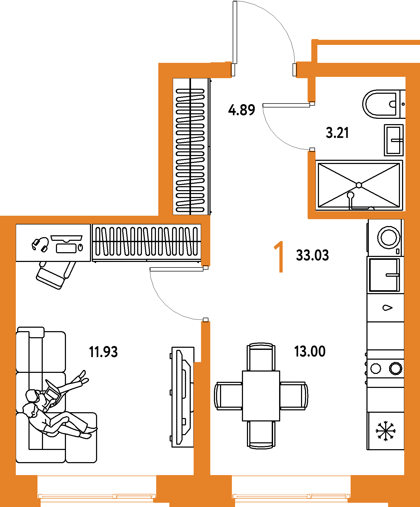 Планировка: 1-комнатная 33,03 м² в ЖК «Домашний»