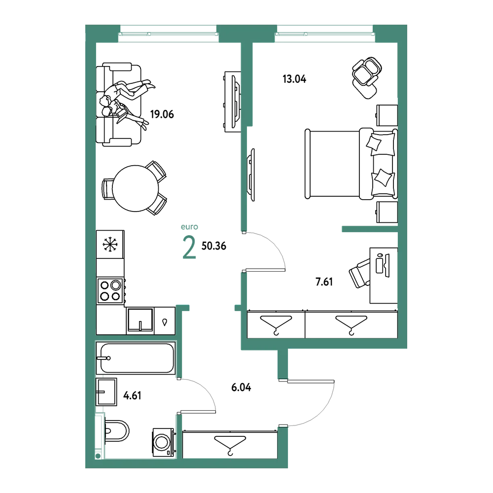 Планировка: Евродвушка 50,36 м²