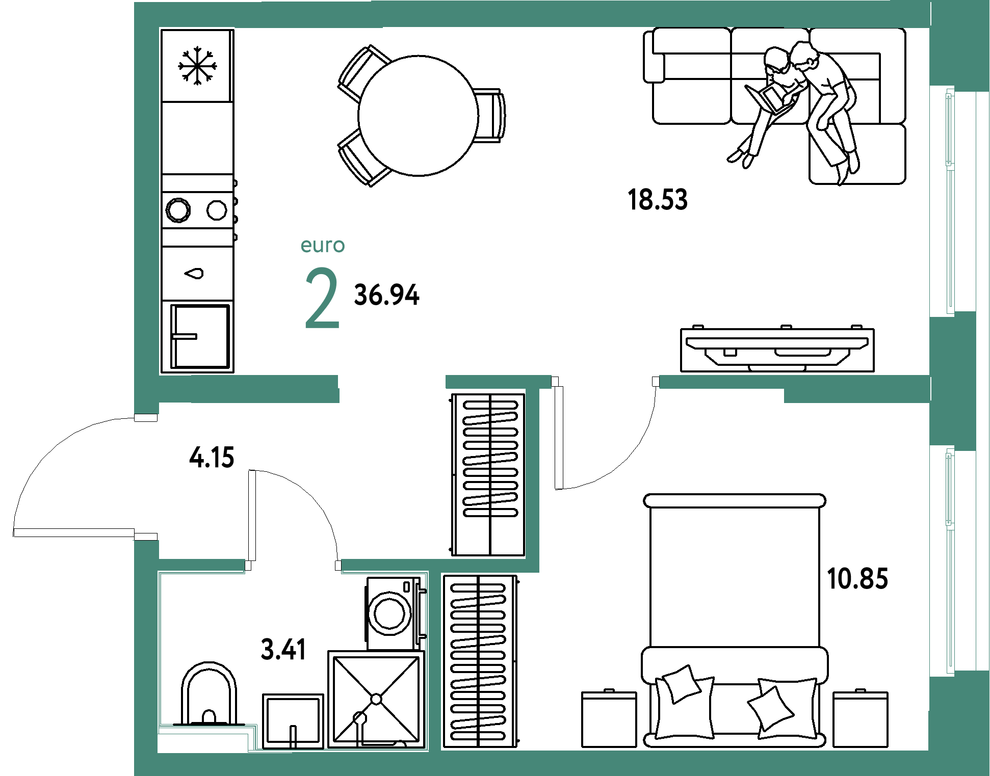 Планировка: Евродвушка 36,94 м² в ЖК «Домашний»