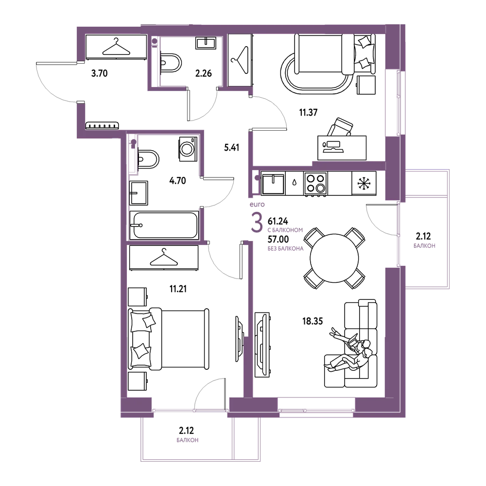 Планировка: Евротрёшка 61,24 м²