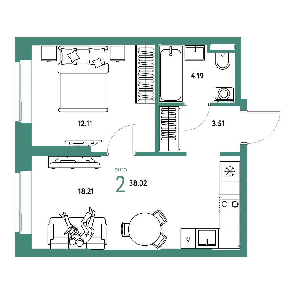 Планировка: Евродвушка 38,02 м²