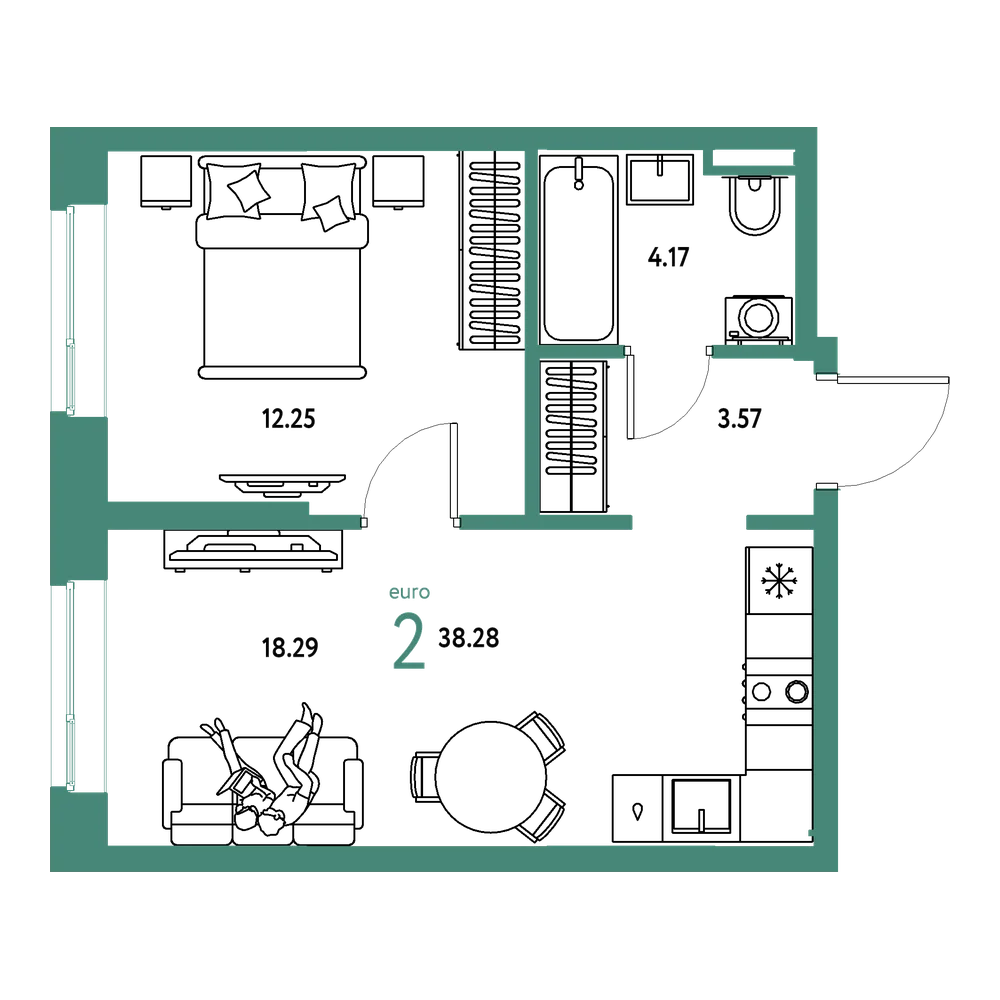 Планировка: Евродвушка 38,28 м²